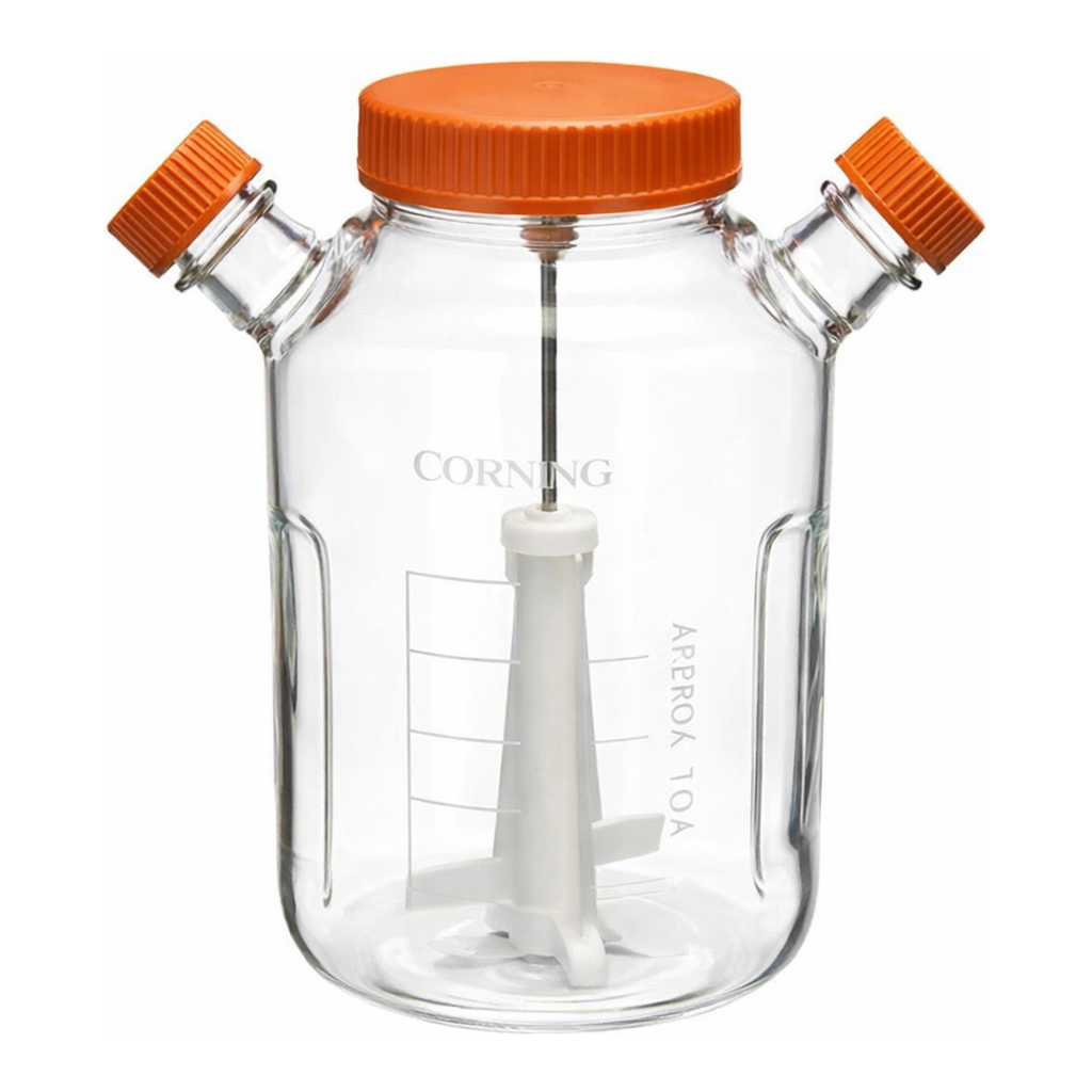 Merck Corning ProCulture glass spinner flask complete, baffled, wide mouth, angled sidearms