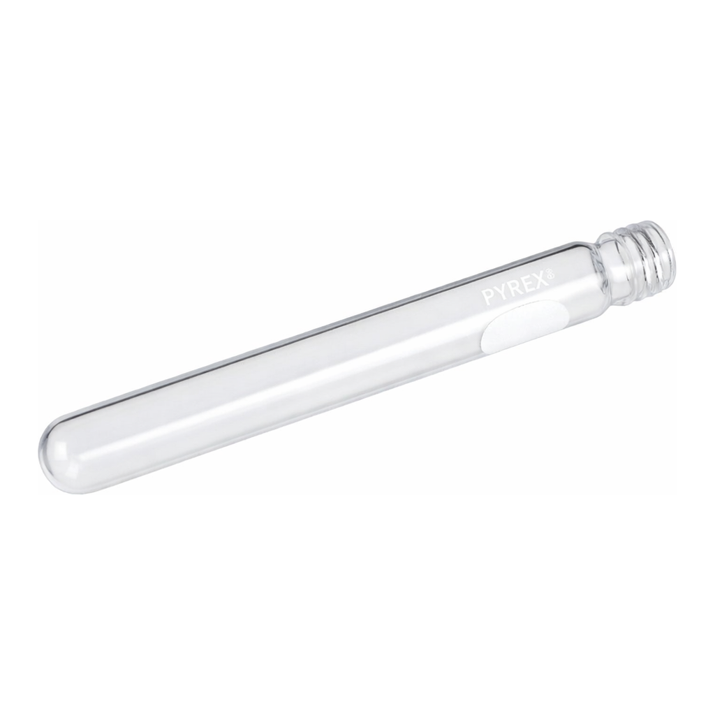 Merck Pyrex disposable culture tubes, screw cap style with white marking spot