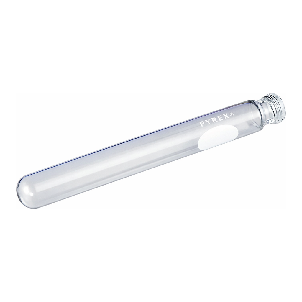 Merck Pyrex disposable culture tubes, screw cap style with white marking spot