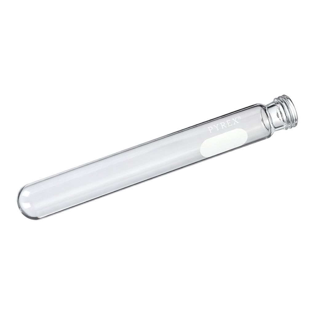 Merck Pyrex disposable culture tubes, screw cap style with white marking spot