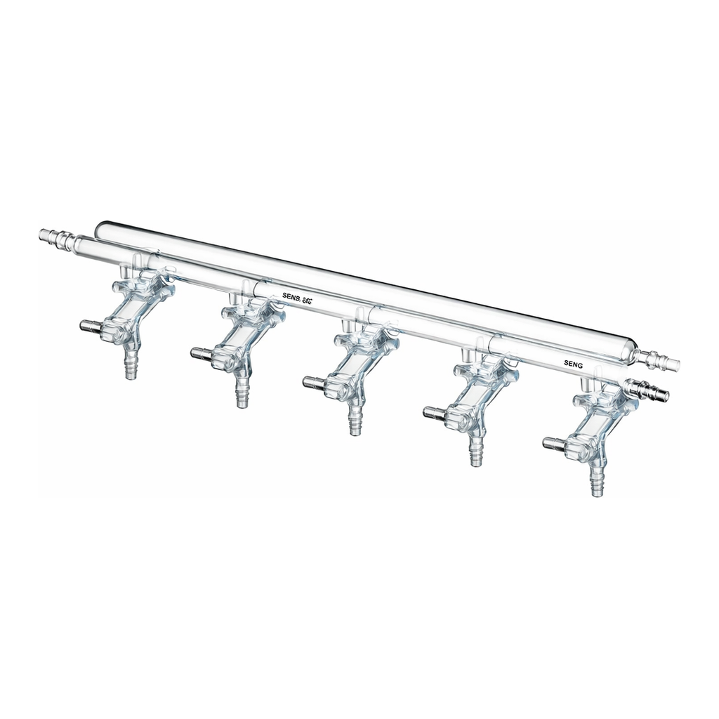 Merck Synthware all-glass vacuum/inert gas manifold with hollow high vacuum stopcocks