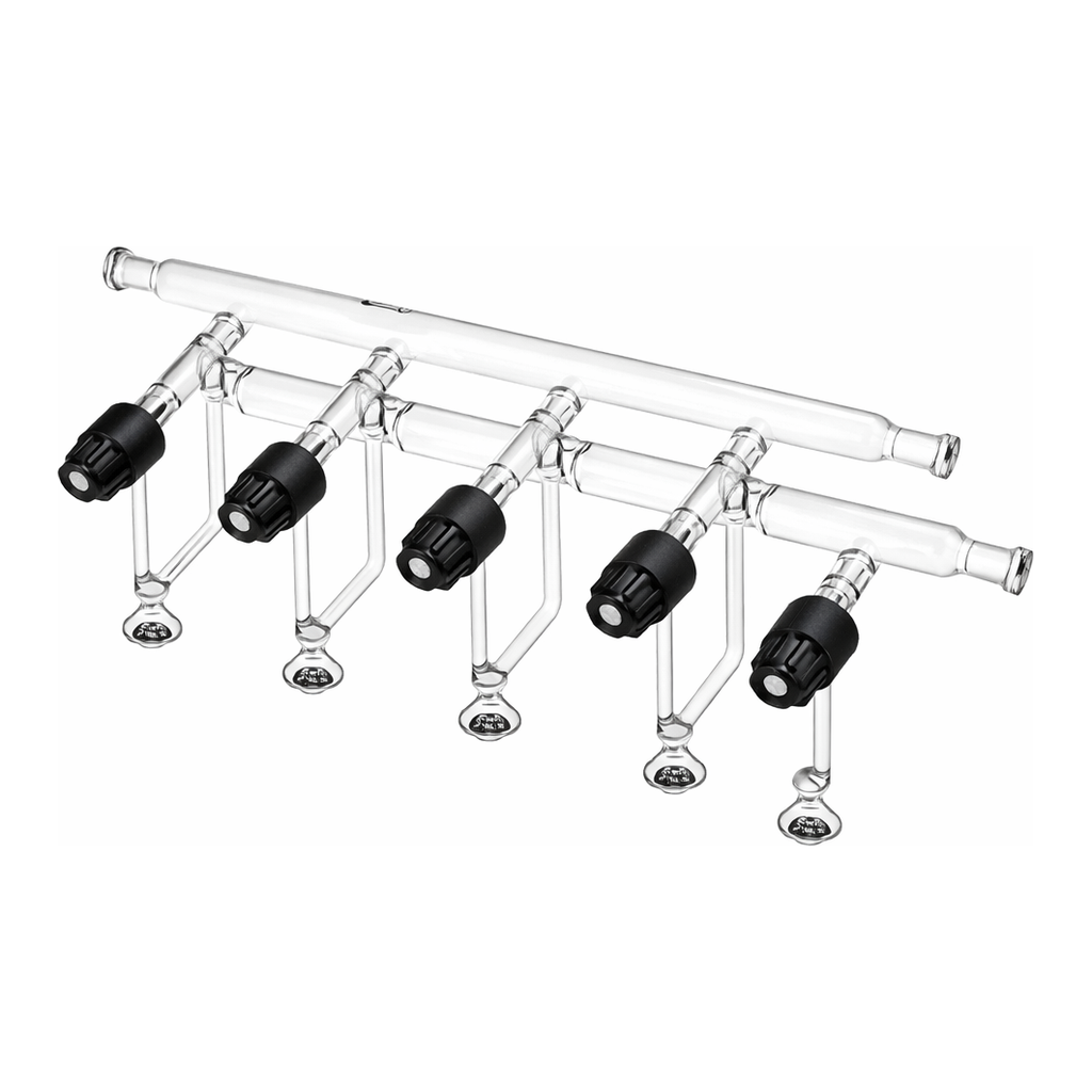 Merck Synthware double vacuum manifold with high vacuum valves and #15 o-ring joints