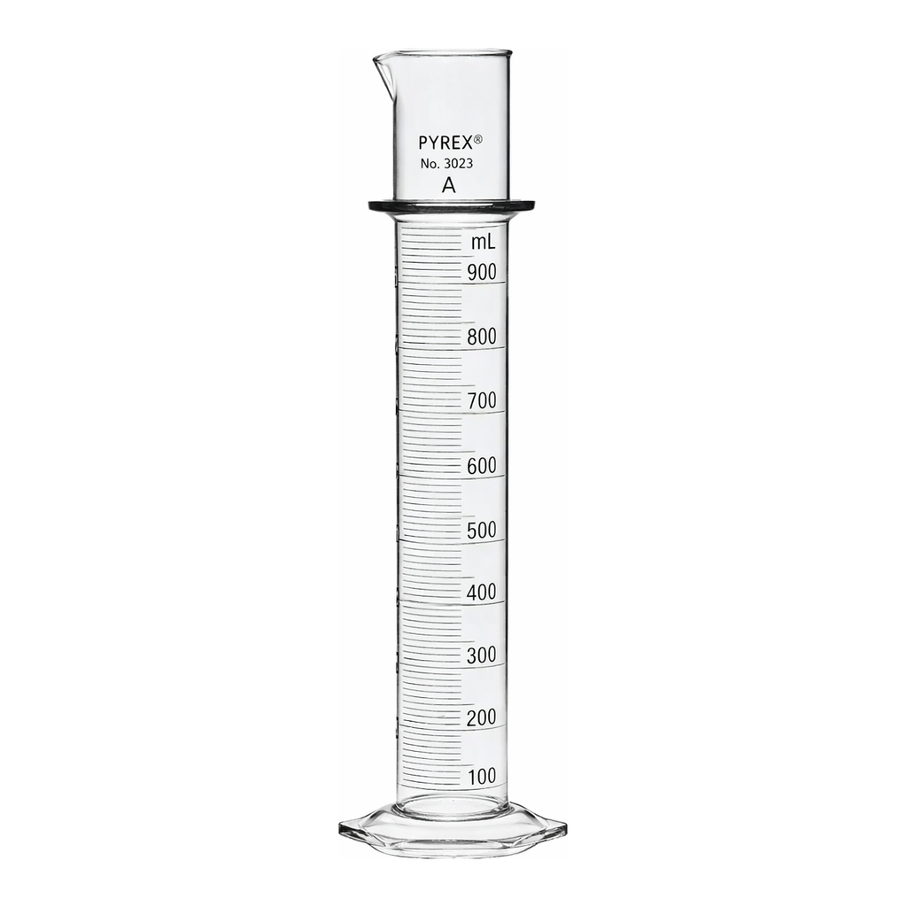 Merck Pyrex class A double metric scale graduated cylinder, with blue enamel