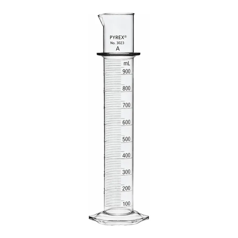 Merck Pyrex class A double metric scale graduated cylinder, with blue enamel
