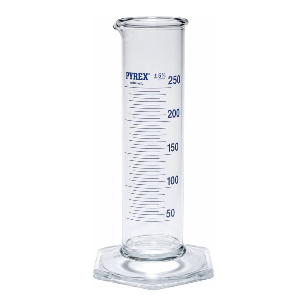 Merck Pyrex Measuring cylinder, class B, squat form, heavy duty rim, blue graduations