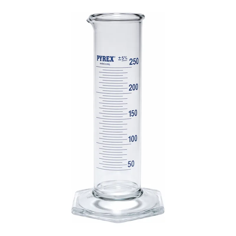 Merck Pyrex Measuring cylinder, class B, squat form, heavy duty rim, blue graduations