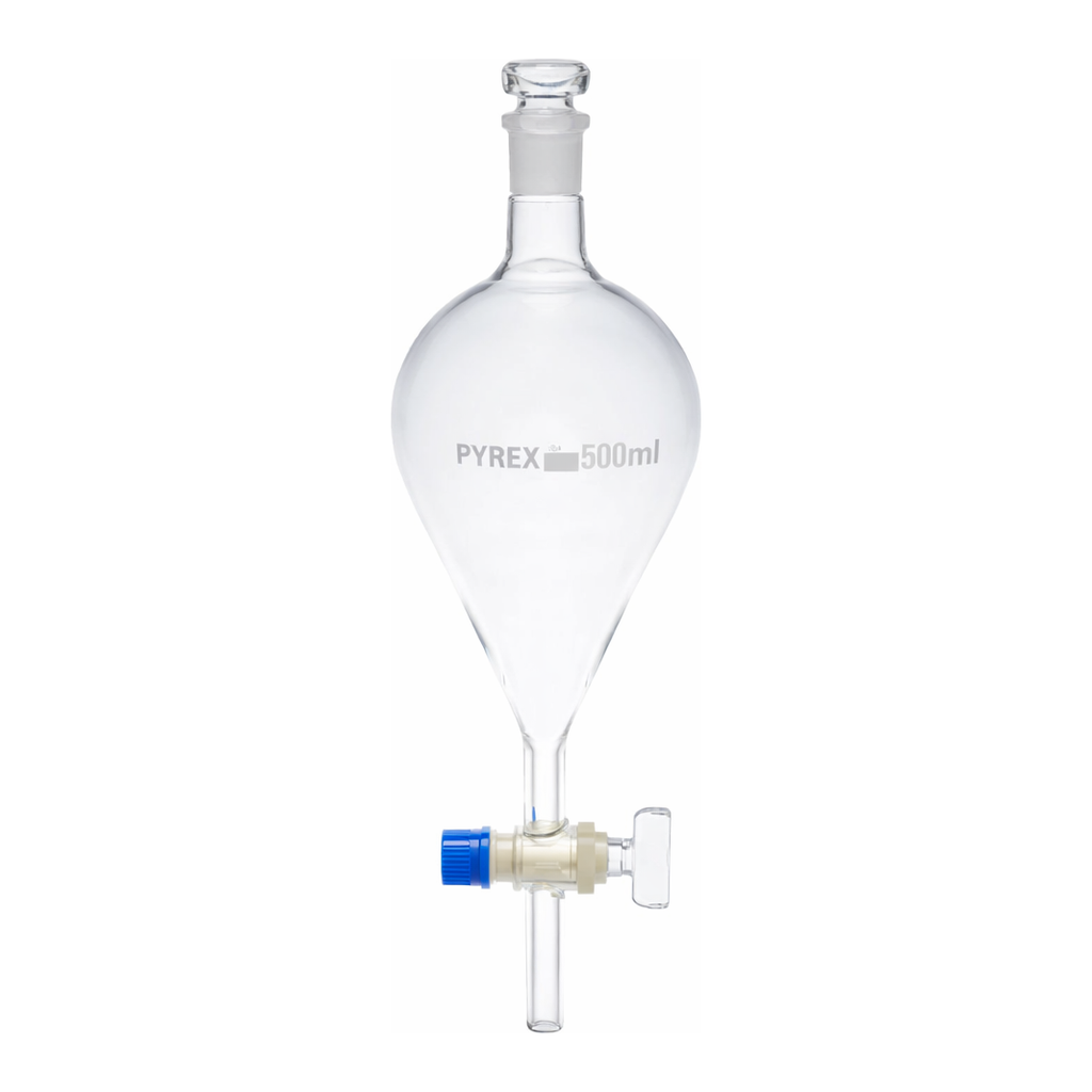 Merck Pyrex Separating funnel, pear-shape, glass key