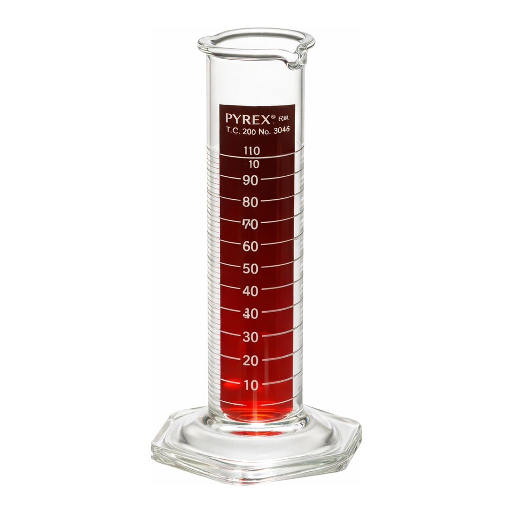 Merck Pyrex Lifetime Red single metric scale graduated cylinder, with double pourout