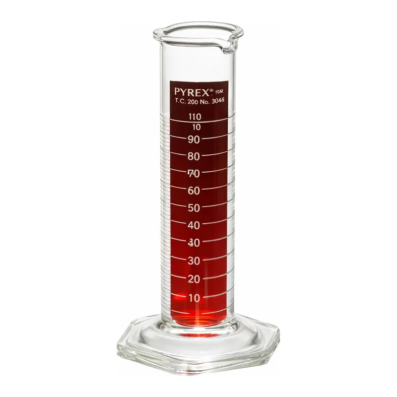 Merck Pyrex Lifetime Red single metric scale graduated cylinder, with double pourout