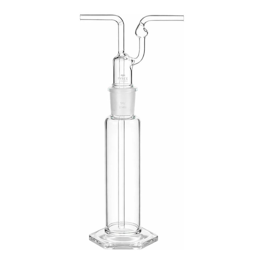 Merck Pyrex tall form gas washing bottle, with ST stopper