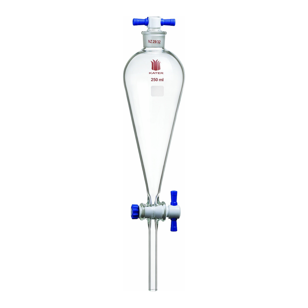 Merck Synthware Squibb-style separatory funnel with PTFE stopcock and PTFE stopper