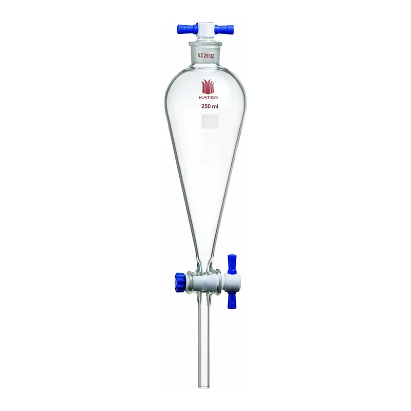 Merck Synthware Squibb-style separatory funnel with PTFE stopcock and PTFE stopper
