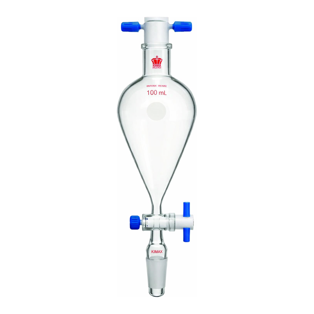 Merck Synthware Squibb-style separatory funnel with standard taper joints, PTFE stopcock and PTFE stopper