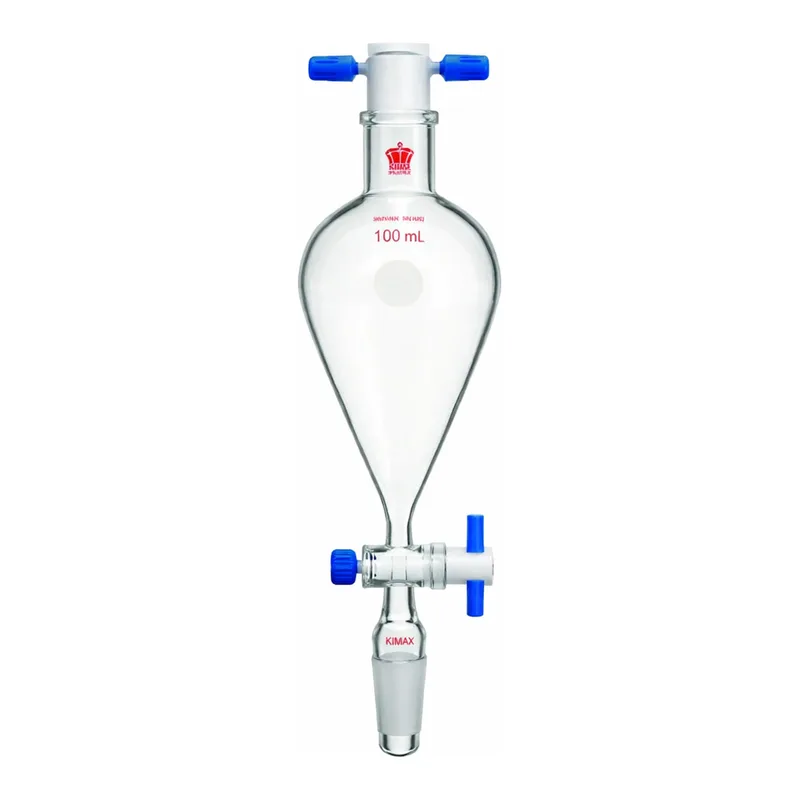 Merck Synthware Squibb-style separatory funnel with standard taper joints, PTFE stopcock and PTFE stopper