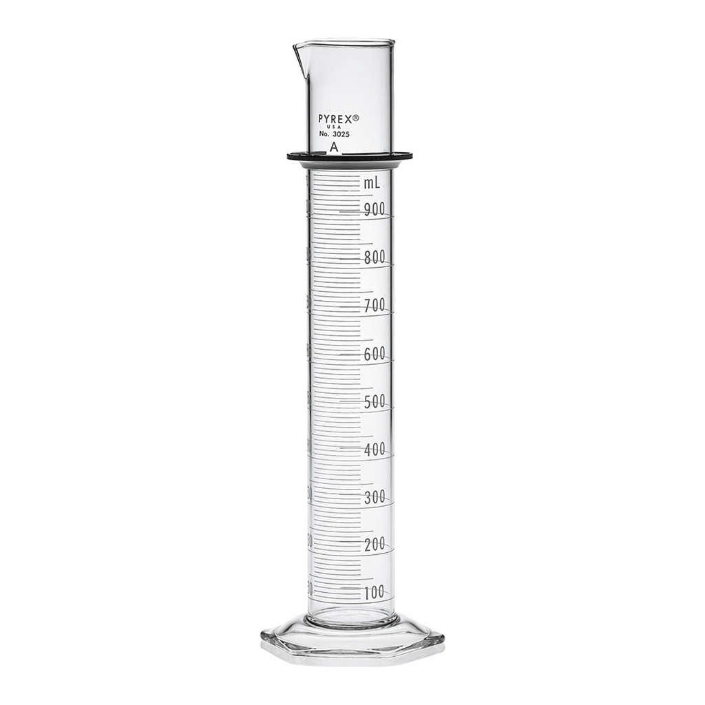 Merck Pyrex class A double metric scale graduated cylinder, with white enamel