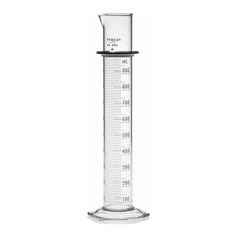 Merck Pyrex class A double metric scale graduated cylinder, with white enamel