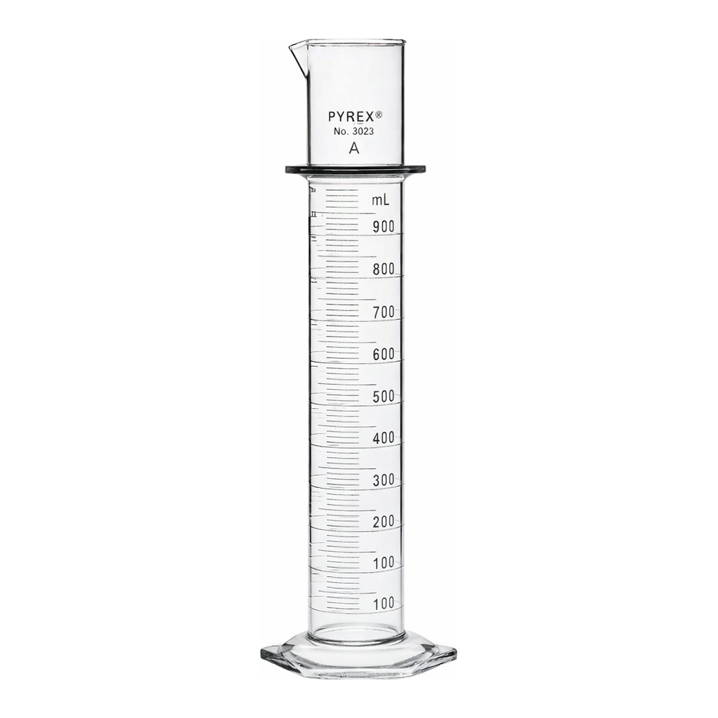 Merck Pyrex class A double metric scale graduated cylinder, with blue enamel
