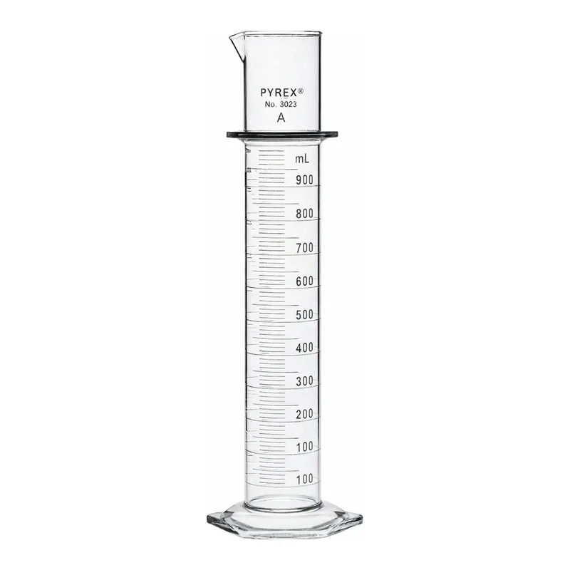 Merck Pyrex class A double metric scale graduated cylinder, with blue enamel