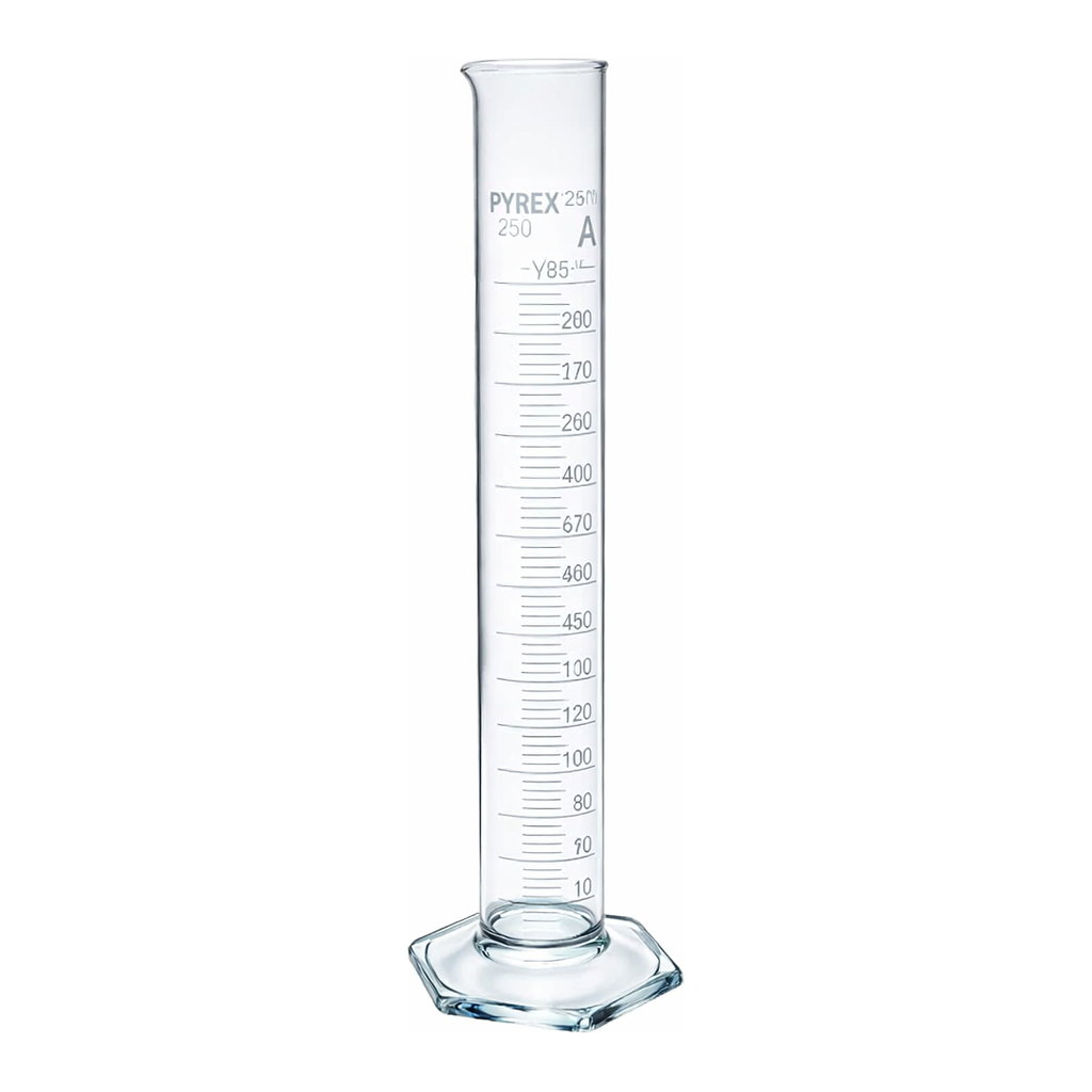Merck Pyrex Measuring cylinder with spout, class A with white graduations
