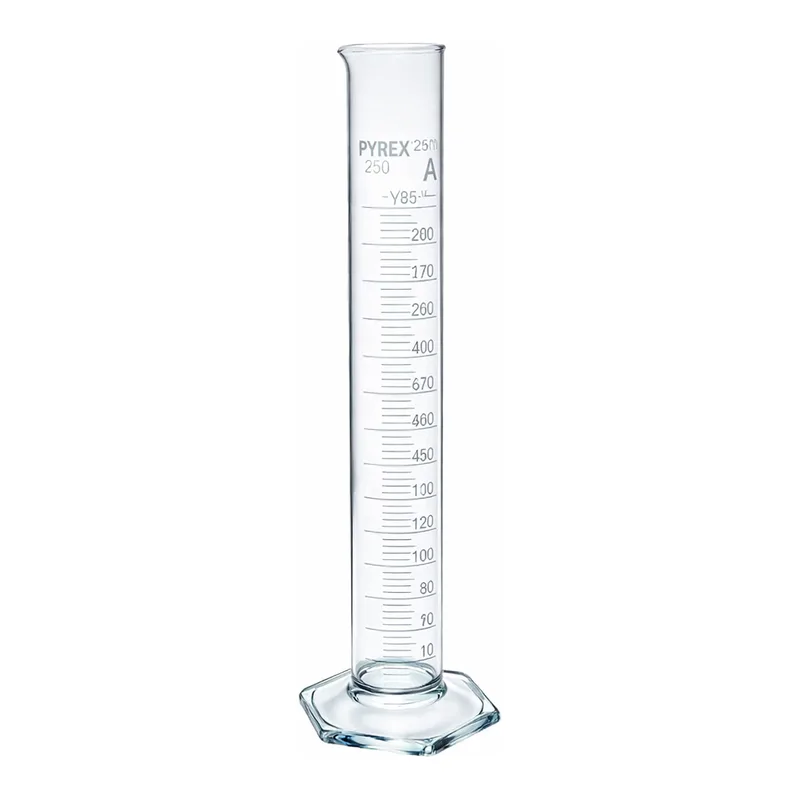 Merck Pyrex Measuring cylinder with spout, class A with white graduations