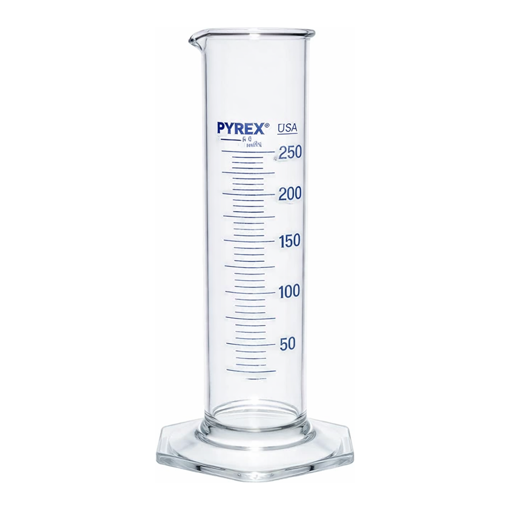 Merck Pyrex Measuring cylinder, class B, squat form, heavy duty rim, blue graduations