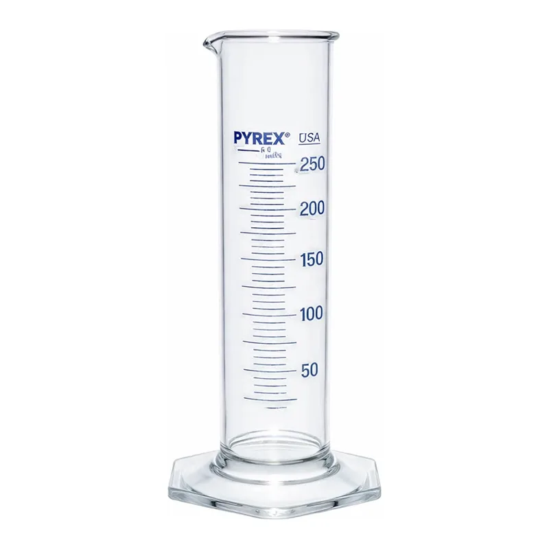 Merck Pyrex Measuring cylinder, class B, squat form, heavy duty rim, blue graduations