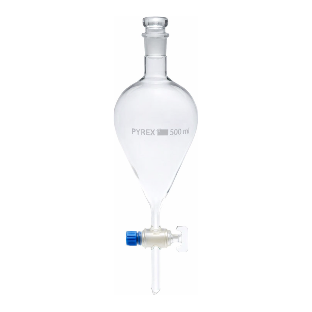 Merck Pyrex Separating funnel, pear-shape, glass key