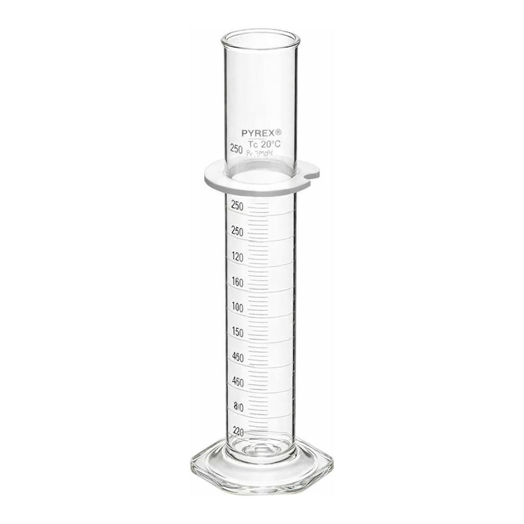 Merck Pyrex graduated cylinder, single metric scale, white enamel graduations