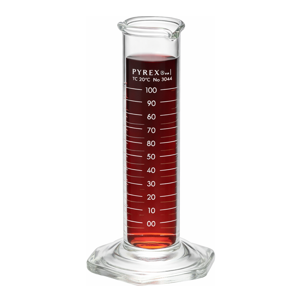 Merck Pyrex Lifetime Red single metric scale graduated cylinder, with double pourout