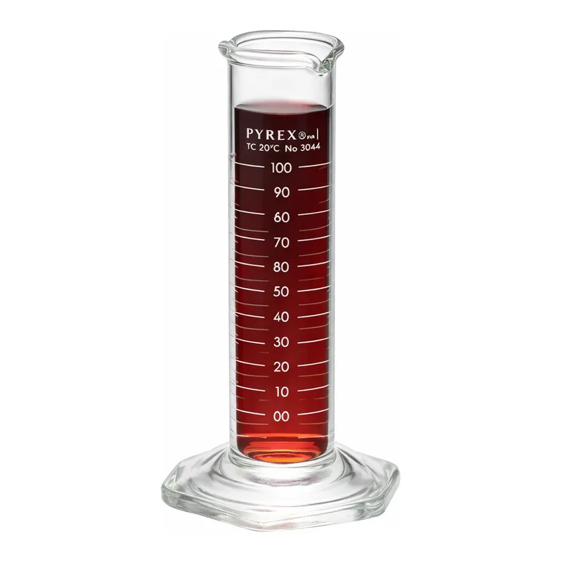 Merck Pyrex Lifetime Red single metric scale graduated cylinder, with double pourout