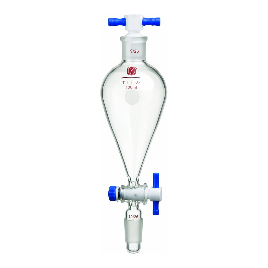 Merck Synthware Squibb-style separatory funnel with standard taper joints, PTFE stopcock and PTFE stopper