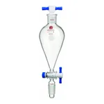 Merck Synthware Squibb-style separatory funnel with standard taper joints, PTFE stopcock and PTFE stopper