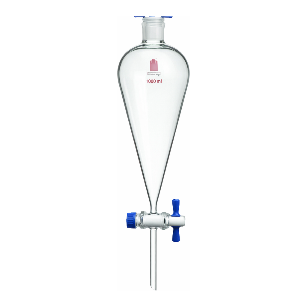 Merck Synthware Squibb-style separatory funnel with PTFE stopcock and PTFE stopper