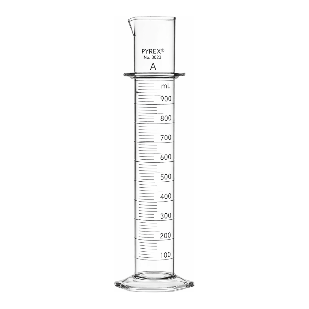 Merck Pyrex class A double metric scale graduated cylinder, with blue enamel