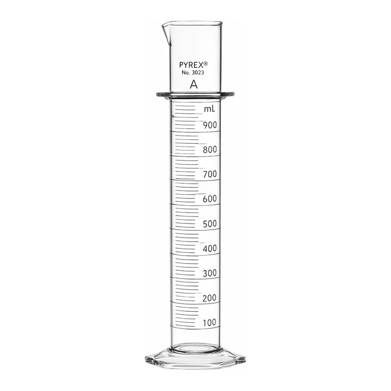 Merck Pyrex class A double metric scale graduated cylinder, with blue enamel