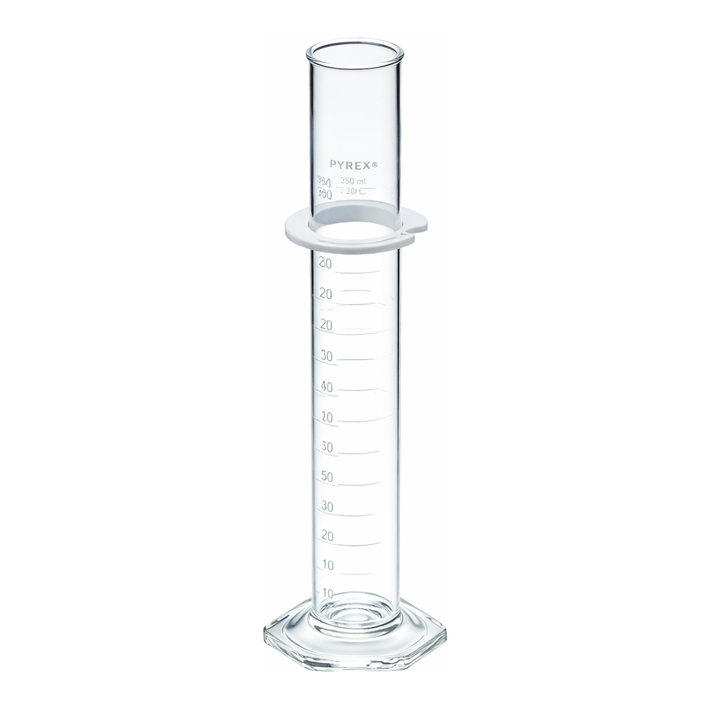 Merck Pyrex graduated cylinder, single metric scale, white enamel graduations