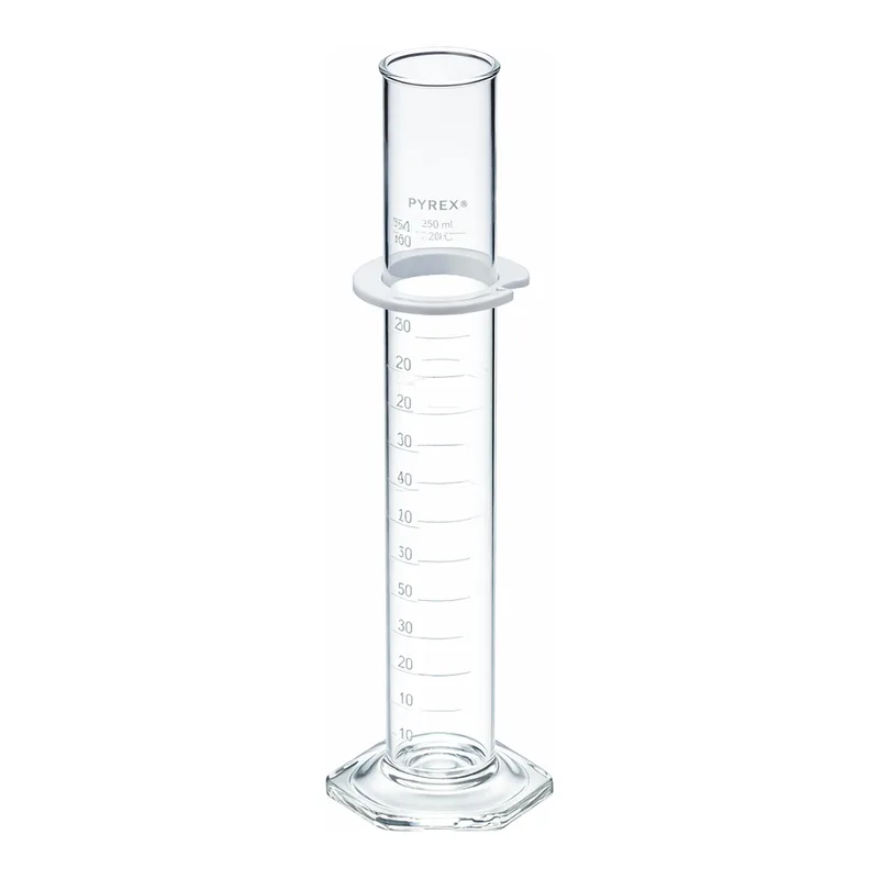 Merck Pyrex graduated cylinder, single metric scale, white enamel graduations
