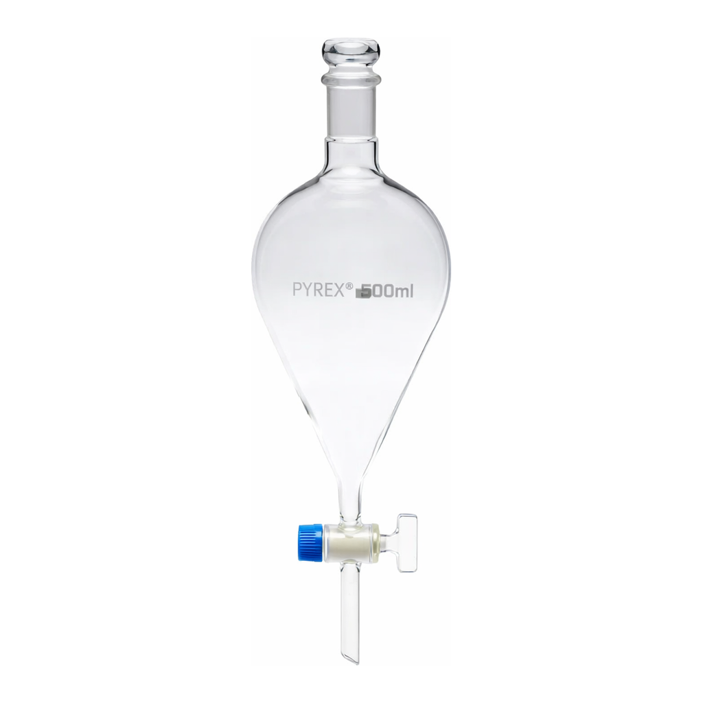 Merck Pyrex Separating funnel, pear-shape, glass key