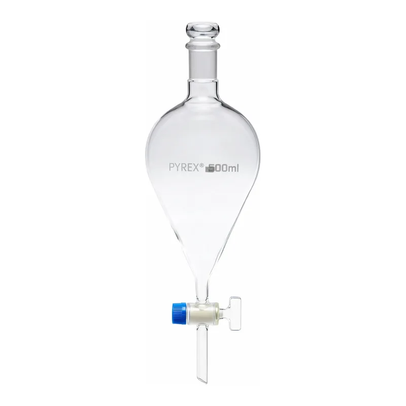 Merck Pyrex Separating funnel, pear-shape, glass key