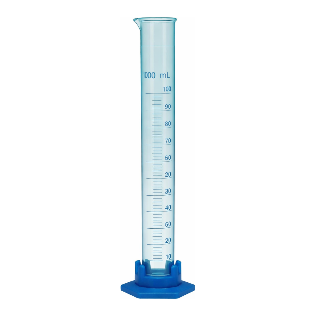 Merck Pyrex measuring cylinder with spout and detachable plastic foot, complete