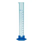 Merck Pyrex measuring cylinder with spout and detachable plastic foot, complete