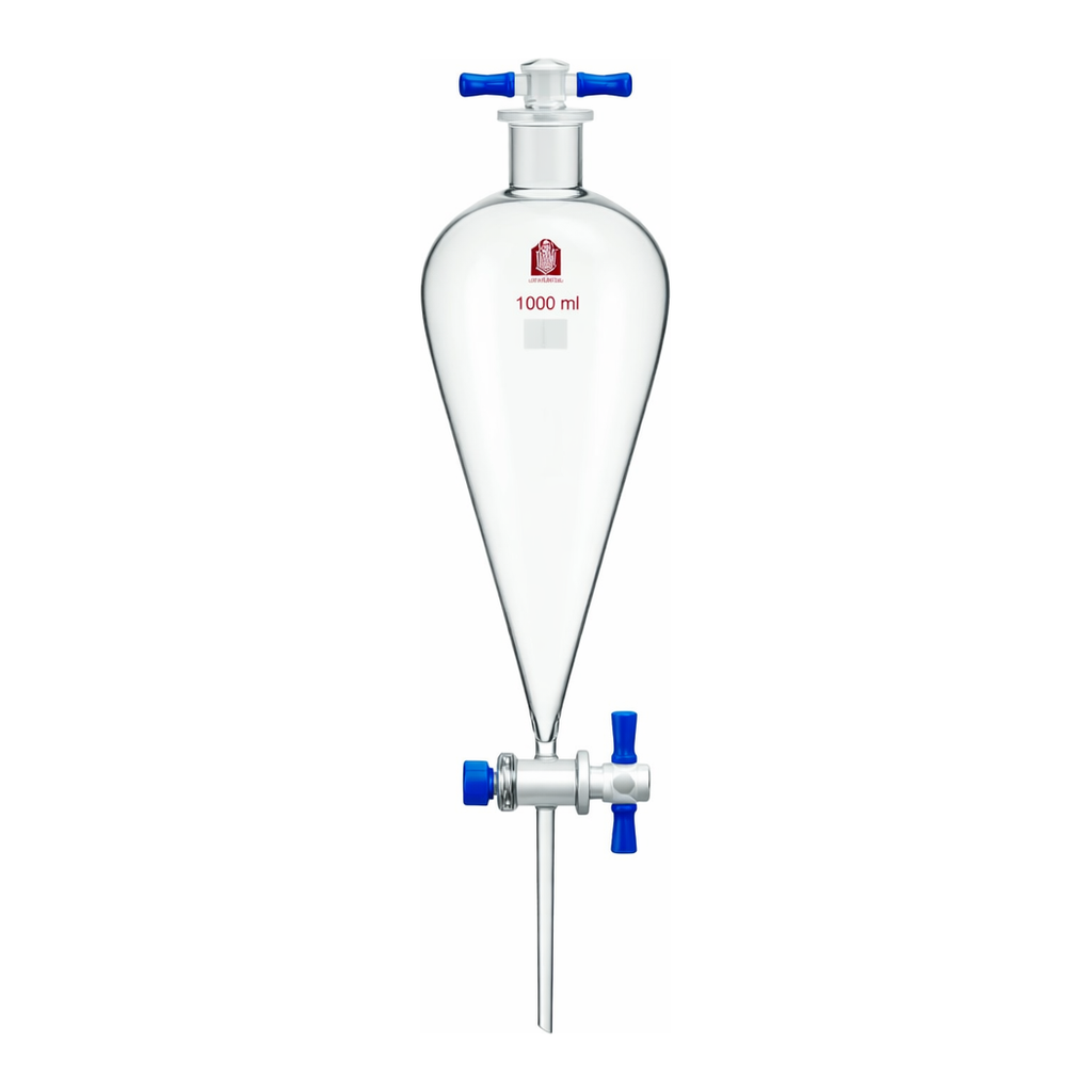 Merck Synthware Squibb-style separatory funnel with PTFE stopcock and PTFE stopper