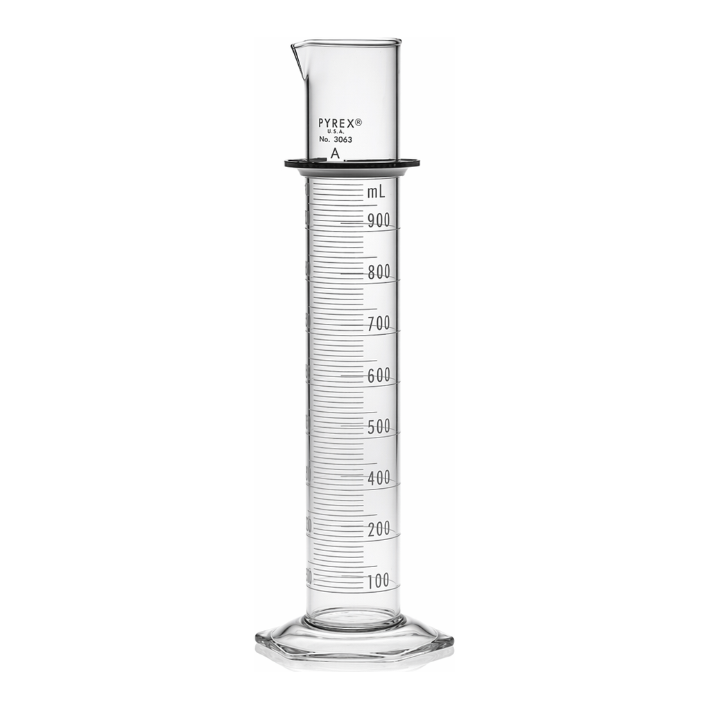 Merck Pyrex class A double metric scale graduated cylinder, with white enamel