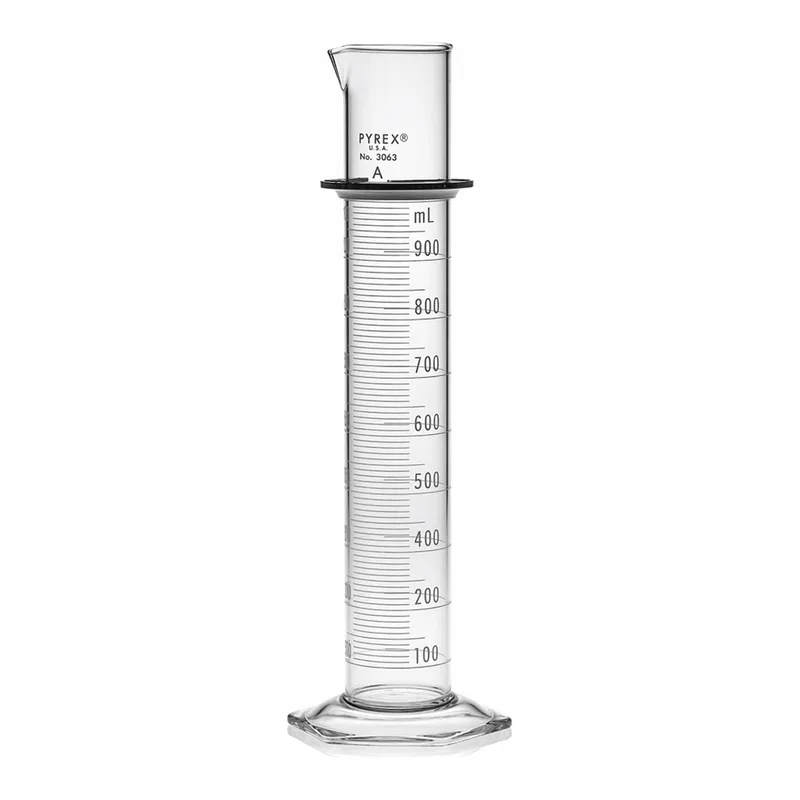 Merck Pyrex class A double metric scale graduated cylinder, with white enamel