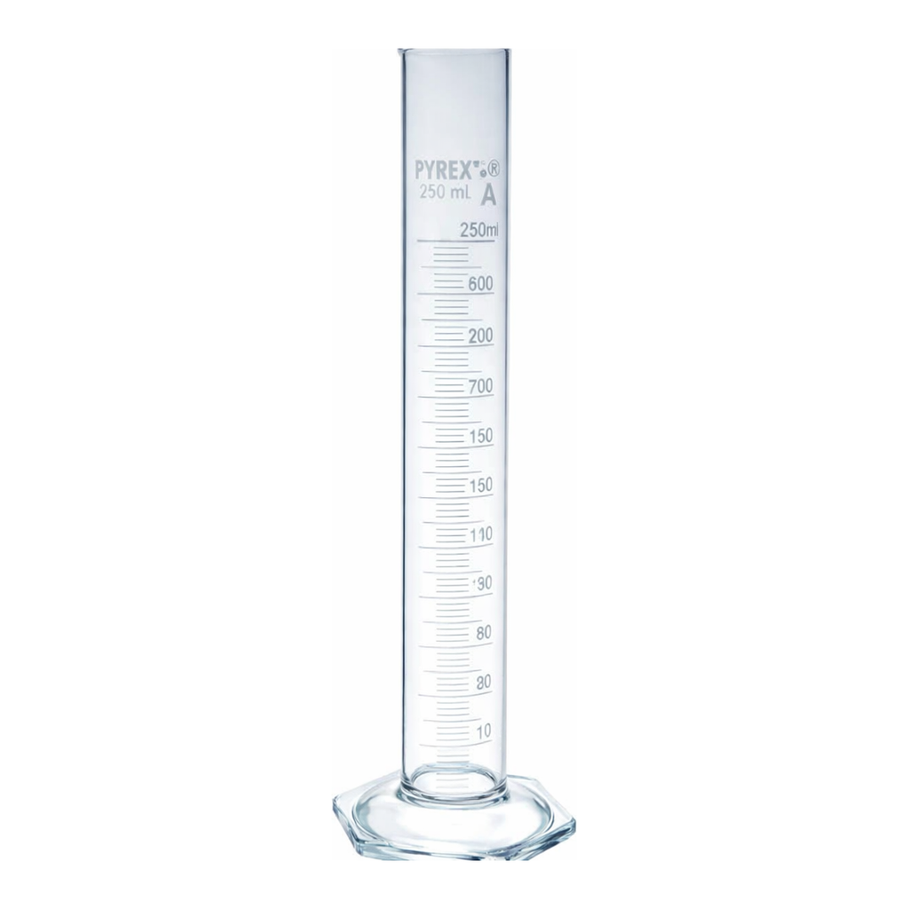 Merck Pyrex Measuring cylinder with spout, class A with white graduations