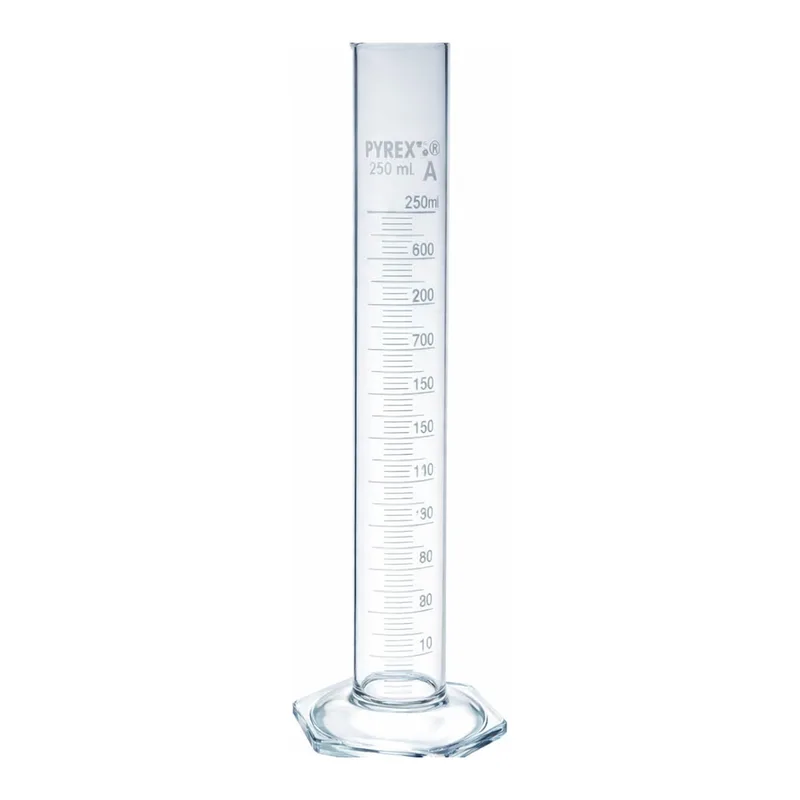 Merck Pyrex Measuring cylinder with spout, class A with white graduations