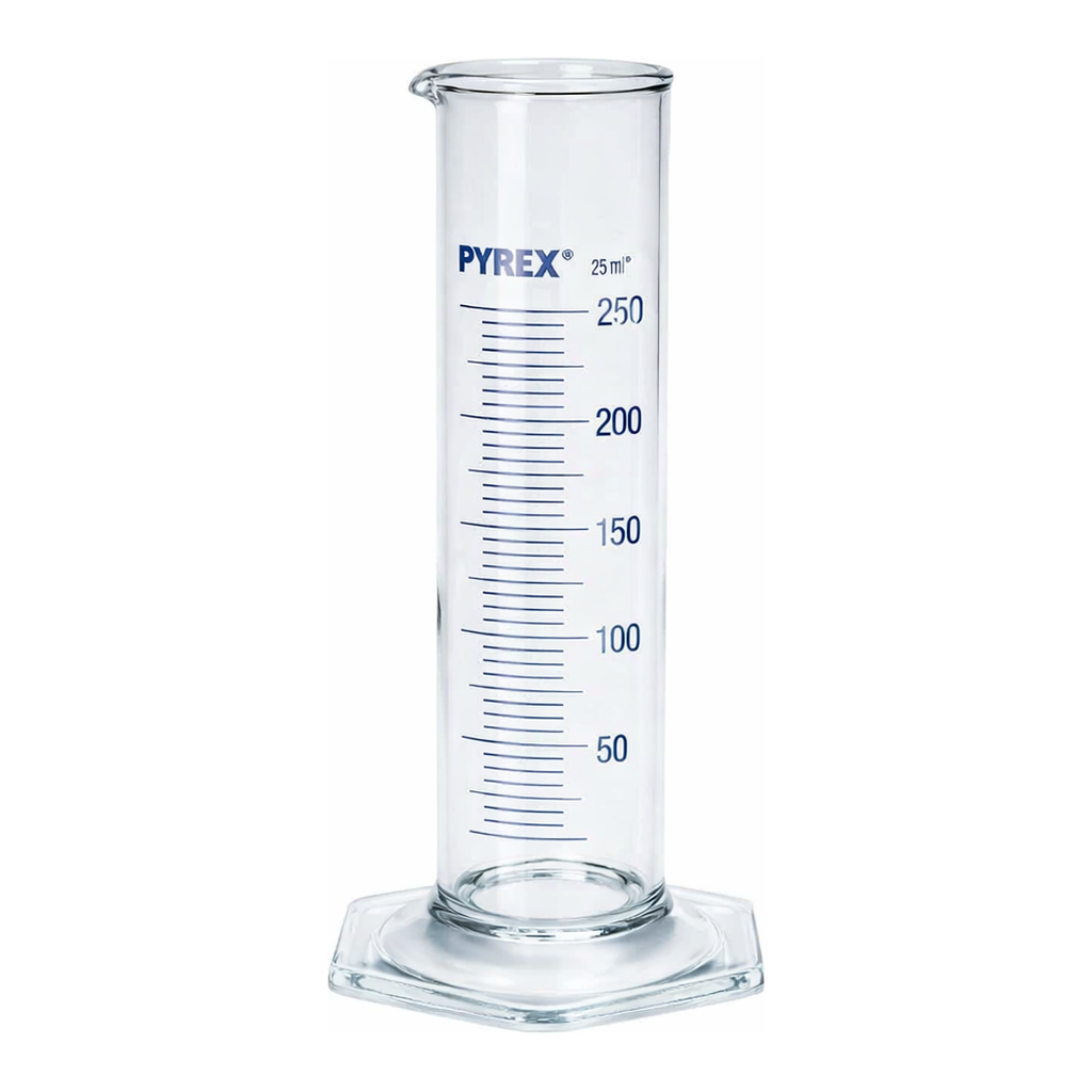Merck Pyrex Measuring cylinder, class B, squat form, heavy duty rim, blue graduations