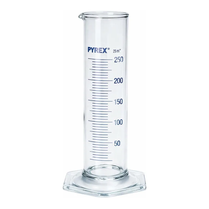 Merck Pyrex Measuring cylinder, class B, squat form, heavy duty rim, blue graduations