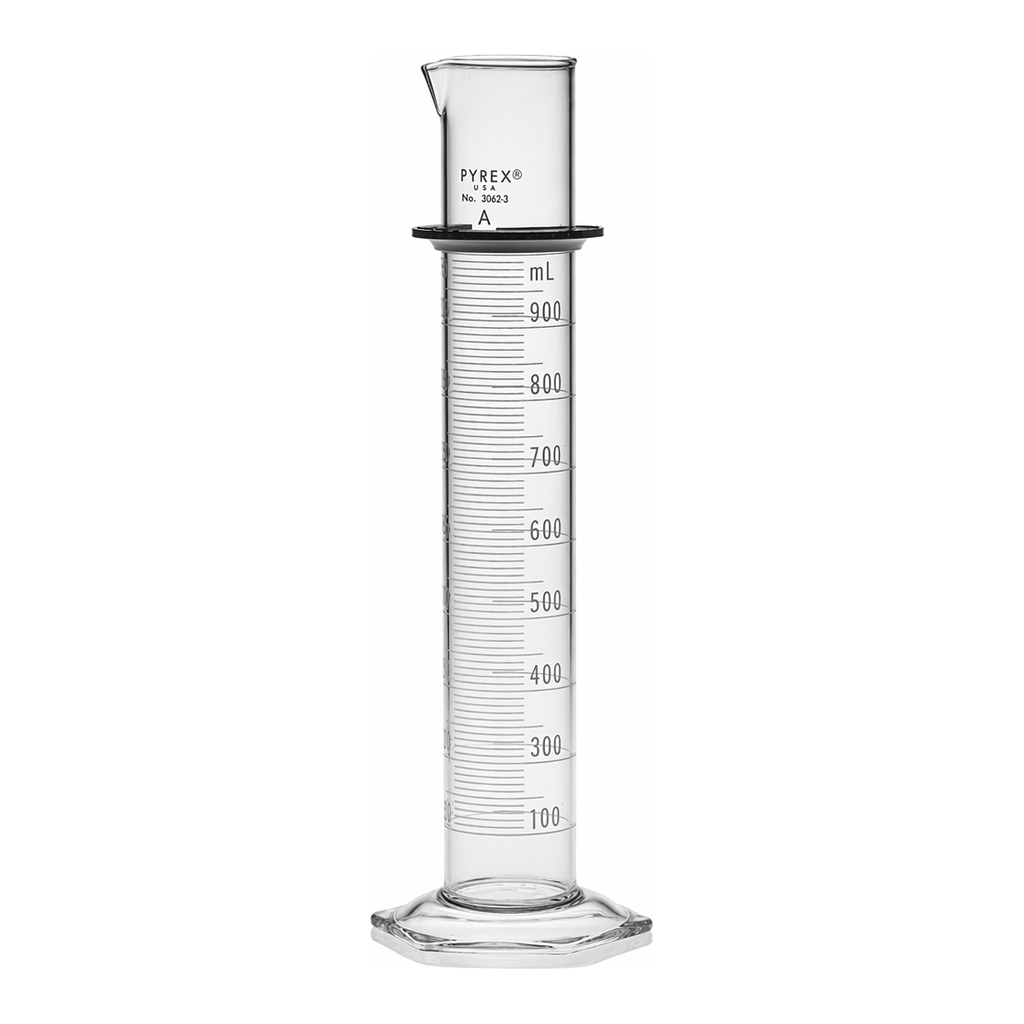 Merck Pyrex class A double metric scale graduated cylinder, with blue enamel