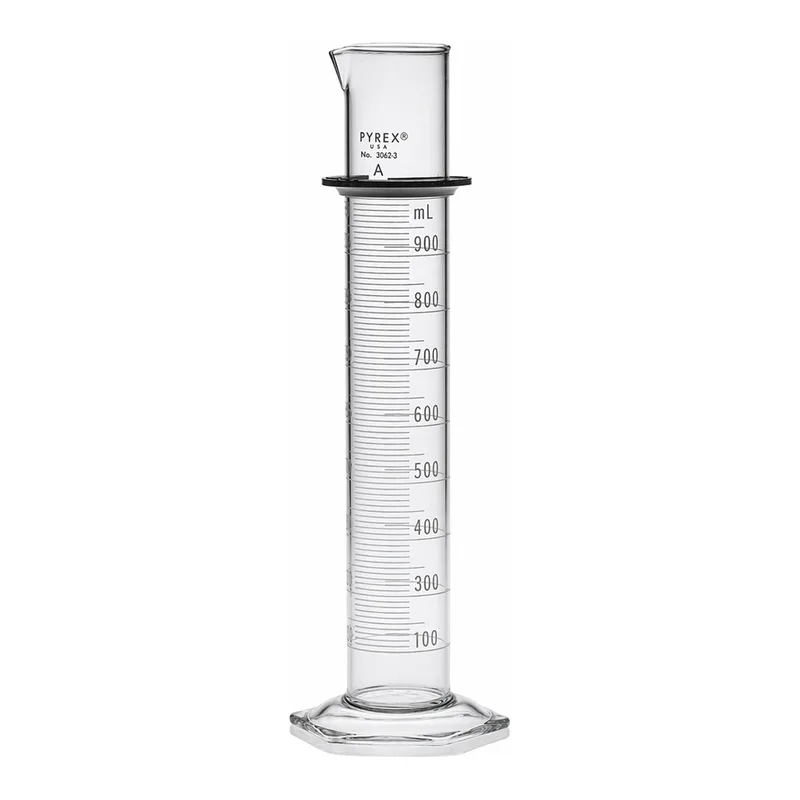 Merck Pyrex class A double metric scale graduated cylinder, with blue enamel
